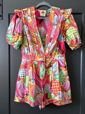 FARM Rio Vibrant Pink Orange Multicolor Tropical Print Romper